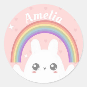 Cute Kawaii Rabbit and Rainbow Personalised Classic Round Sticker
