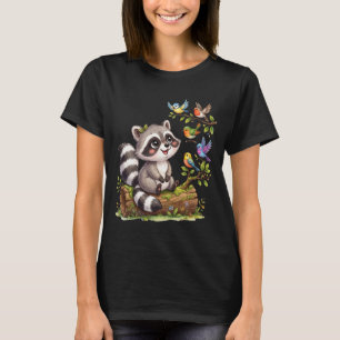 Cute Kawaii Racoon Birdwatching Design T-Shirt