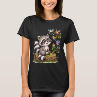 Cute Kawaii Racoon Birdwatching Design T-Shirt