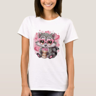 Cute Kawaii Racoon Heart Glasses Pastel Pink T-Sh T-Shirt