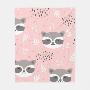 Cute Kawaii Racoon Seamless Pattern on Pink Backg Fleece Blanket
