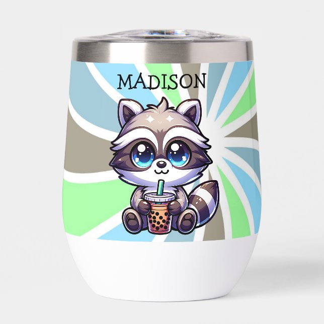 Cute Kawaii Racoon with Bubble Tea Personalised (Front)