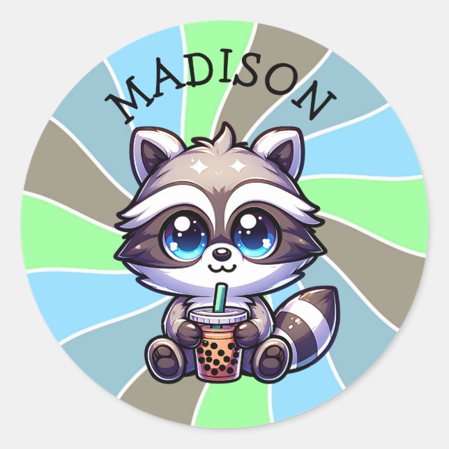 Cute Kawaii Racoon with Bubble Tea Personalised Classic Round Sticker (Front)