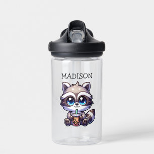 Cute Kawaii Racoon with Bubble Tea Personalised Water Bottle