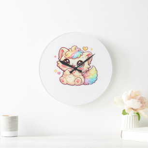 Cute Kawaii Rainbow Kitten Pastel Fluffy Cat Stick Large Clock