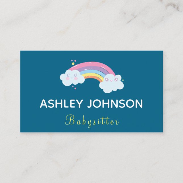 Cute Kawaii Rainbow Nanny Babysitter Elegant Funny Business Card (Front)