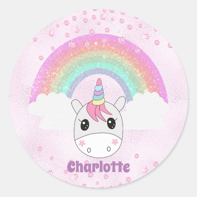 Cute Kawaii Rainbow Unicorn with Custom Name Classic Round Sticker (Front)