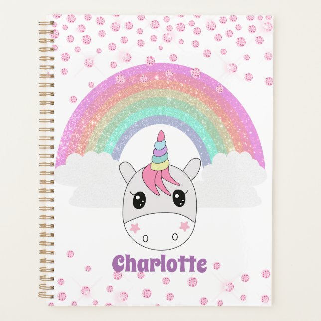 Cute Kawaii Rainbow Unicorn with Custom Name Planner (Front)