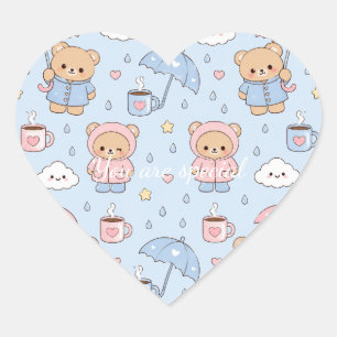 Cute Kawaii Rainy Day Teddy Bear Pattern   Pastel  Heart Sticker