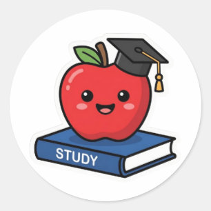 Cute Kawaii Red Apple Wearing Graduation Cap Smart Classic Round Sticker