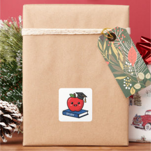 Cute Kawaii Red Apple Wearing Graduation Cap Smart Square Sticker