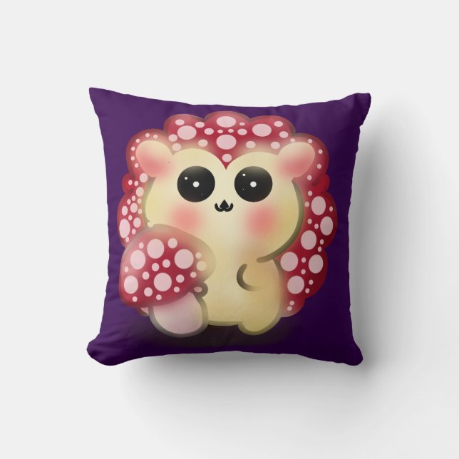 Cute Kawaii Red Mushroom Hedgehog Toadstool Art Cushion (Front)