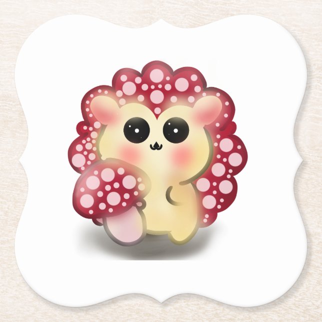 Cute Kawaii Red Mushroom Hedgehog Toadstool Art Paper Coaster (Front)