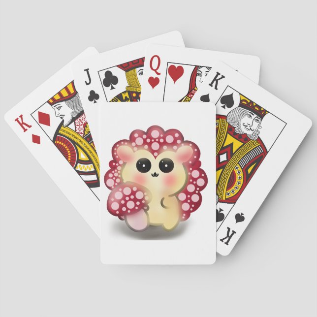 Cute Kawaii Red Mushroom Hedgehog Toadstool Art Playing Cards (Back)