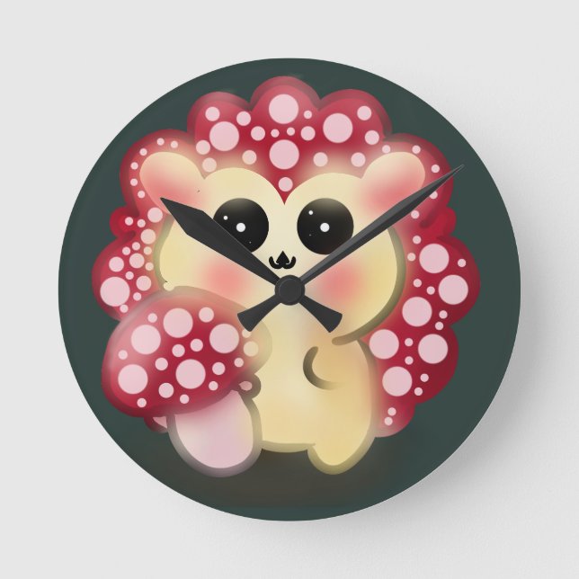 Cute Kawaii Red Mushroom Hedgehog Toadstool Art Round Clock (Front)
