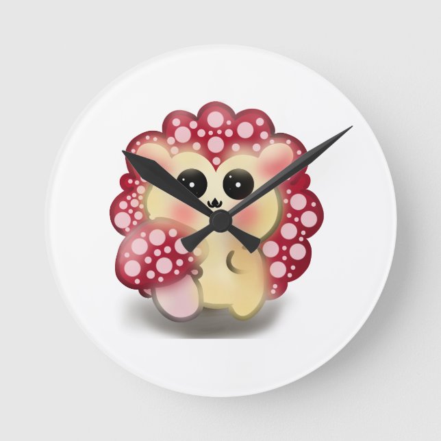 Cute Kawaii Red Mushroom Hedgehog Toadstool Art Round Clock (Front)