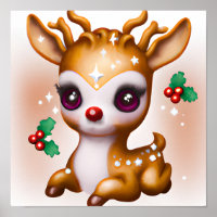 Cute Kawaii Reindeer with Holly and Glitter