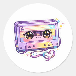 Cute Kawaii Retro Cassette Tape Pastel Purple Musi Classic Round Sticker