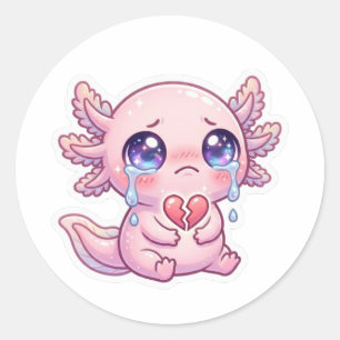 Cute Kawaii Sad Axolotl Crying with Broken Heart S Classic Round Sticker