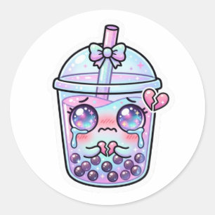 Cute Kawaii Sad Boba Milk Tea Crying with Broken H Classic Round Sticker