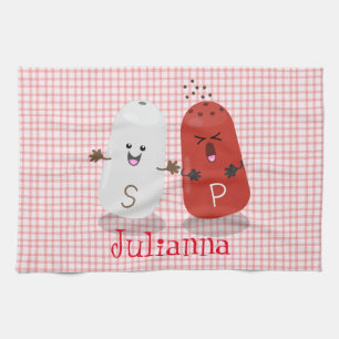 Cute kawaii salt and pepper shakers cartoon tea towel