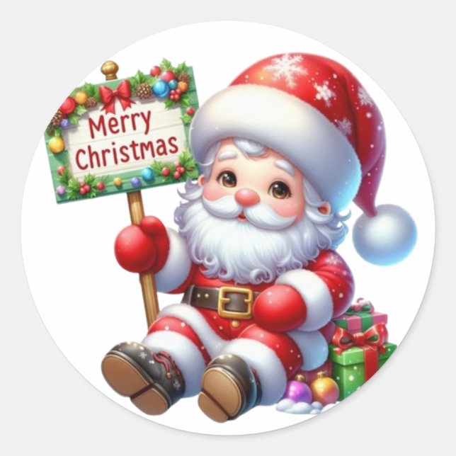 Cute Kawaii Santa Claus Holding Classic Round Sticker (Front)