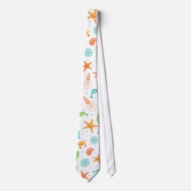 Cute kawaii sea life starfish squid crab pattern tie (Front)