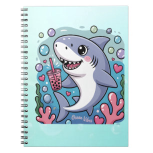 Cute Kawaii Shark Boba Tea Blue And Pink Notebook
