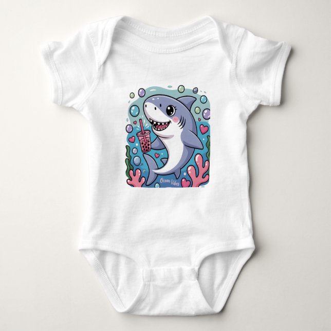 Cute Kawaii Shark Drinking Boba Tea Ocean Vibes Baby Bodysuit (Front)