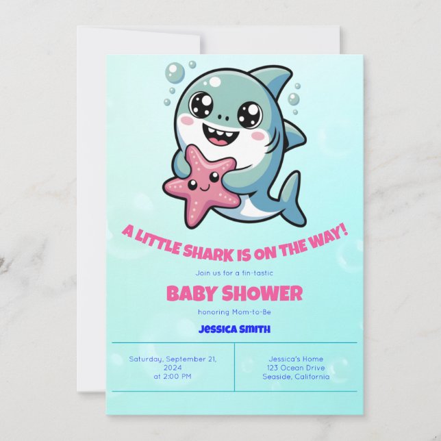 Cute Kawaii Shark & Starfish Baby Shower Invitation (Front)