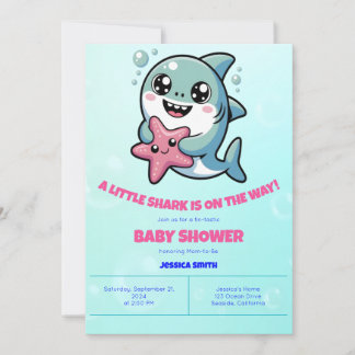 Cute Kawaii Shark & Starfish Baby Shower Invitation