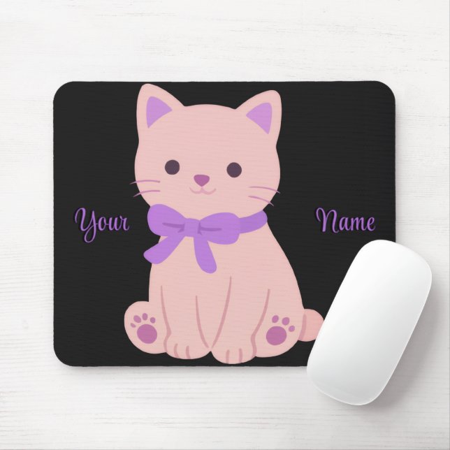 Cute Kawaii Sitting Cat Purple Bow Custom Mousepad (With Mouse)