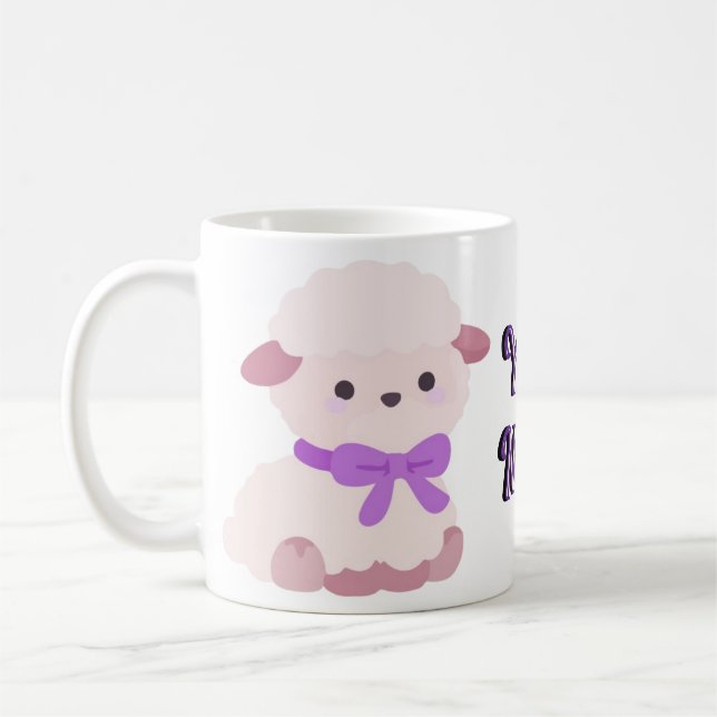 Cute Kawaii Sitting Fluffy Lamb Purple Bow Mug (Left)