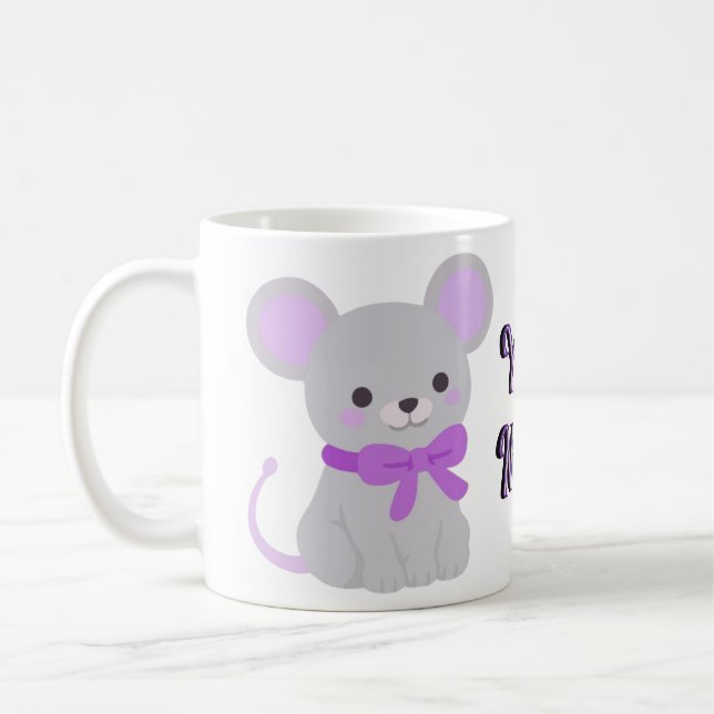 Cute Kawaii Sitting Grey Mouse Purple Bow Mug (Left)
