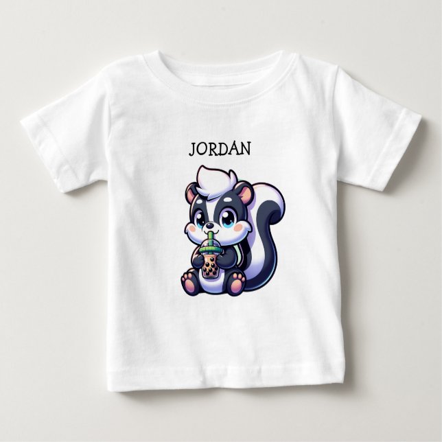 Cute Kawaii Skunk with Bubble Tea Personalised  Baby T-Shirt (Front)