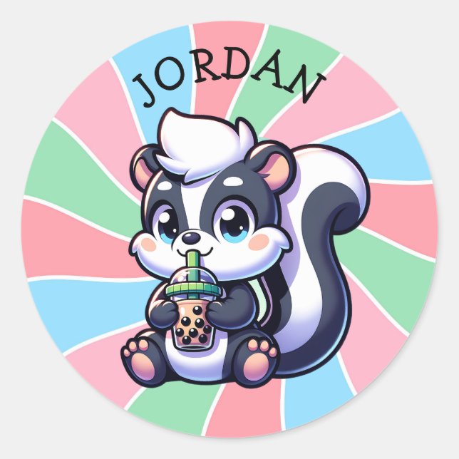 Cute Kawaii Skunk with Bubble Tea Personalised Classic Round Sticker (Front)