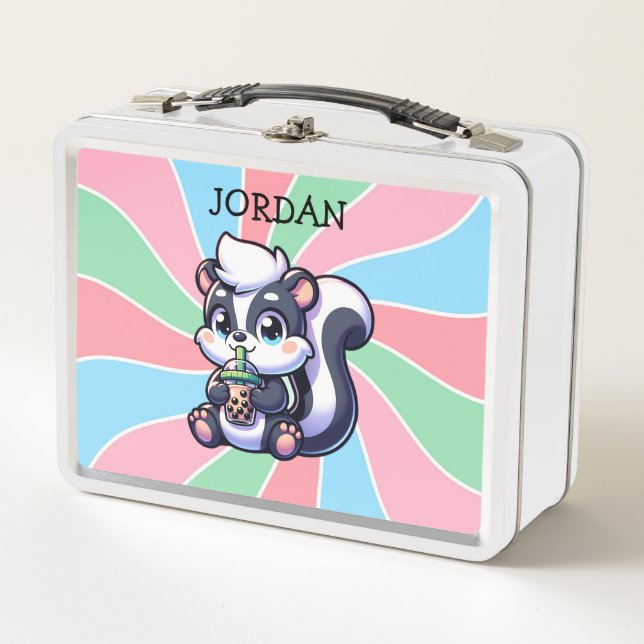 Cute Kawaii Skunk with Bubble Tea Personalised Metal Lunch Box (Front)