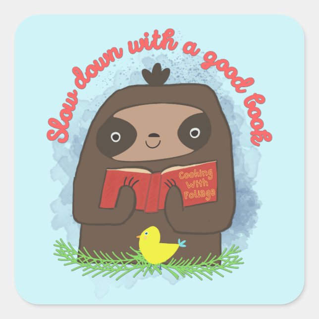 Cute Kawaii Sloth Book Lovers Laptop Square Sticker (Front)