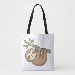 Cute Kawaii Sloth Hanging on Branch Cartoon Illust Tote Bag