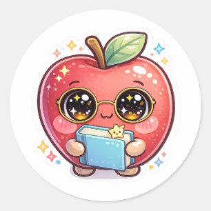 Cute Kawaii Smart Apple with Glasses Holding Book Classic Round Sticker