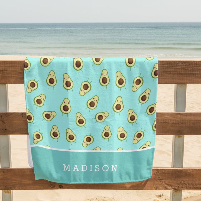 Cute Kawaii Smiling Avocado Pattern Personalised Beach Towel (Creator Uploaded)