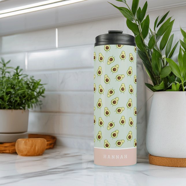 Cute Kawaii Smiling Avocado Pattern Personalised Thermal Tumbler (Creator Uploaded)
