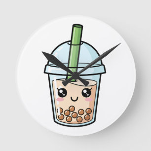 Cute Kawaii Smiling Boba Tea Round Clock