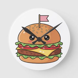 Cute Kawaii Smiling Cheeseburger Illustration Round Clock