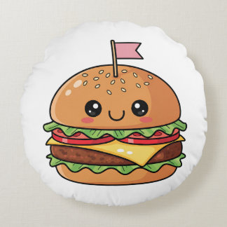 Cute Kawaii Smiling Cheeseburger Illustration Round Cushion