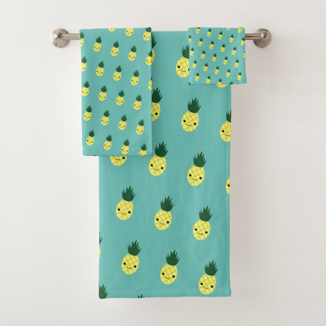 Cute Kawaii Smiling Pineapple Pattern Bath Towel Set (Insitu)