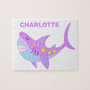 Cute Kawaii Smiling Shark in Purple Personalized Jigsaw Puzzle