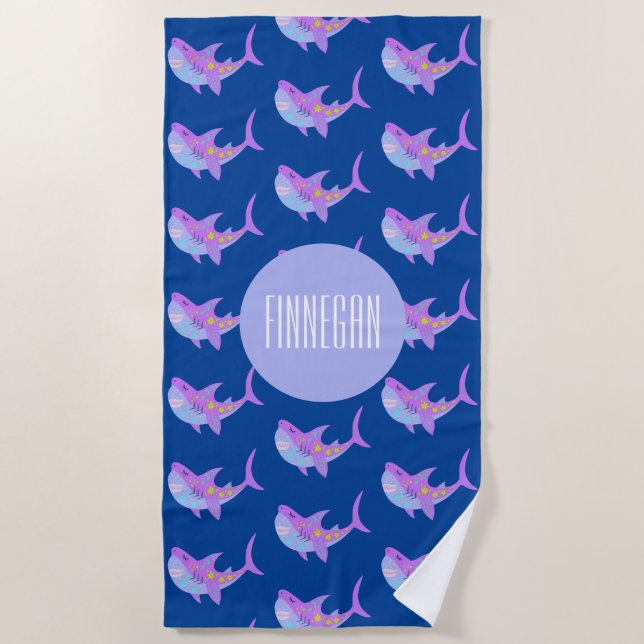 Cute Kawaii Smiling Shark Pattern Purple Blue Name Beach Towel (Front)