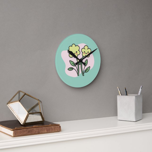 Cute Kawaii Smiling Yellow Flowers Wall Clock (Office)