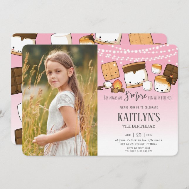 Cute Kawaii S'mores Camping Bonfire Birthday Photo Invitation (Front/Back)